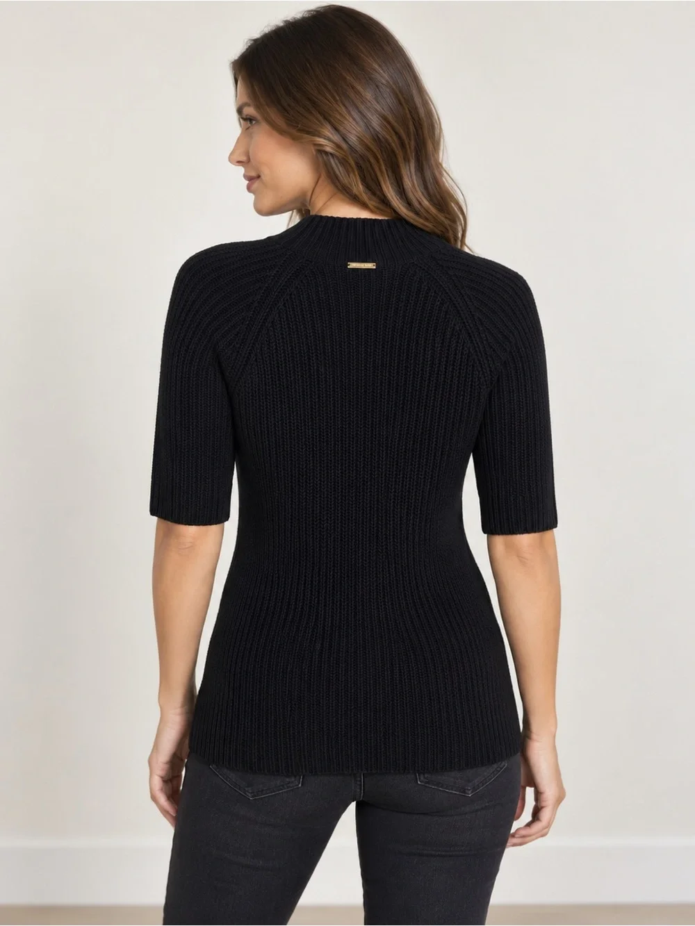 Michael Kors Black Ribbed Knit Sweater Top Women’s L Mock Neck 3/4 Sleeve
